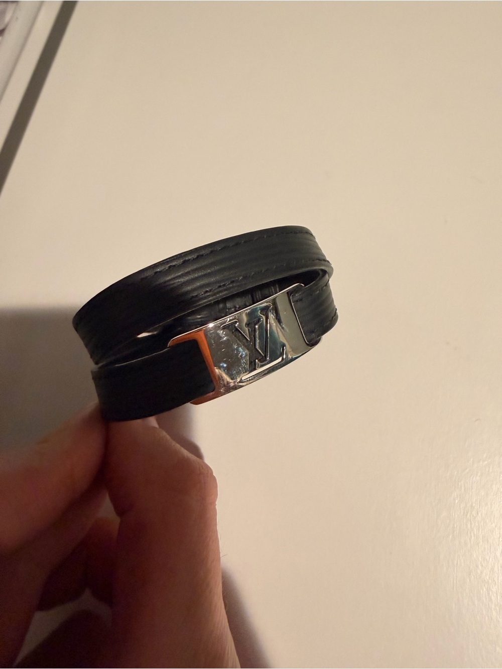 Louis Vuitton Black Epi Leather Double Wrap Bracelet with Silver LV Plaque